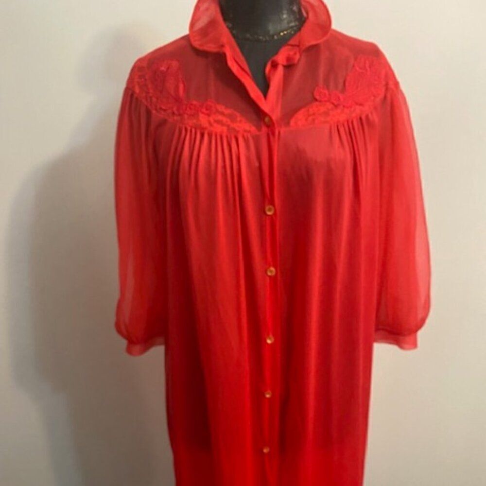Texsheen Vintage Sheer Red Button-down Robe, size 34